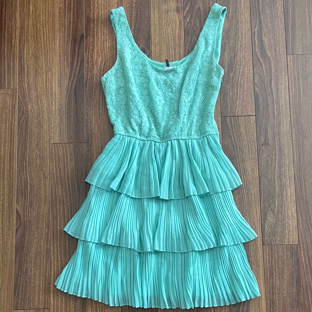 Dynamite Aqua Lace and Pleated Mini Dress